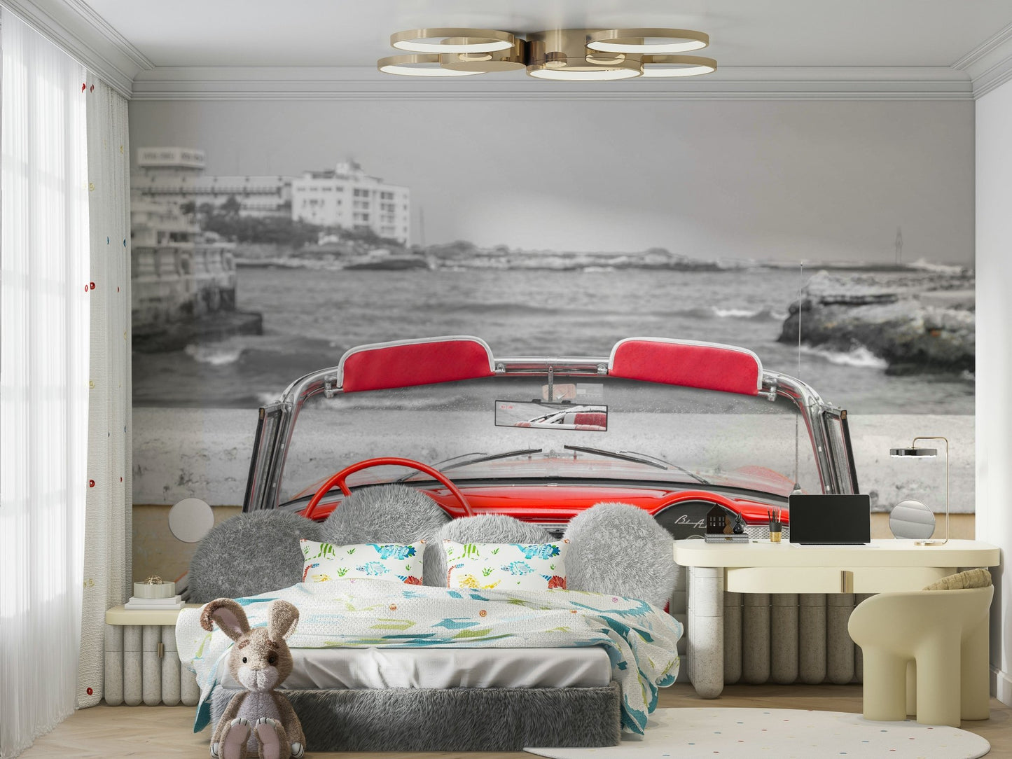 A wall mural of the interior of a red convertible car.

