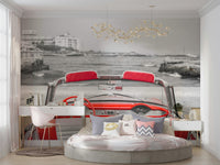 The mural gives a feeling of classic automotive design.


