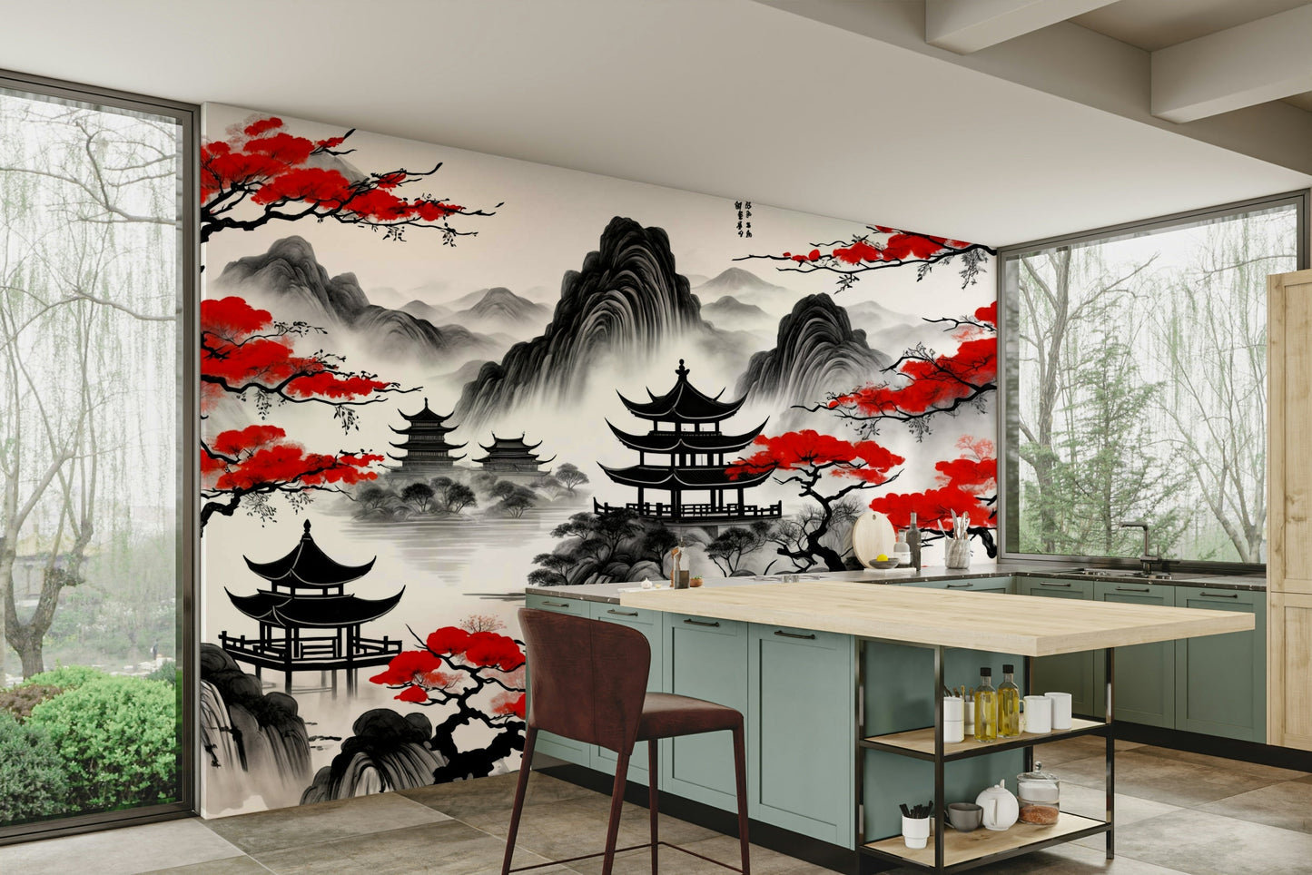 A wall mural of a pagoda scene.

