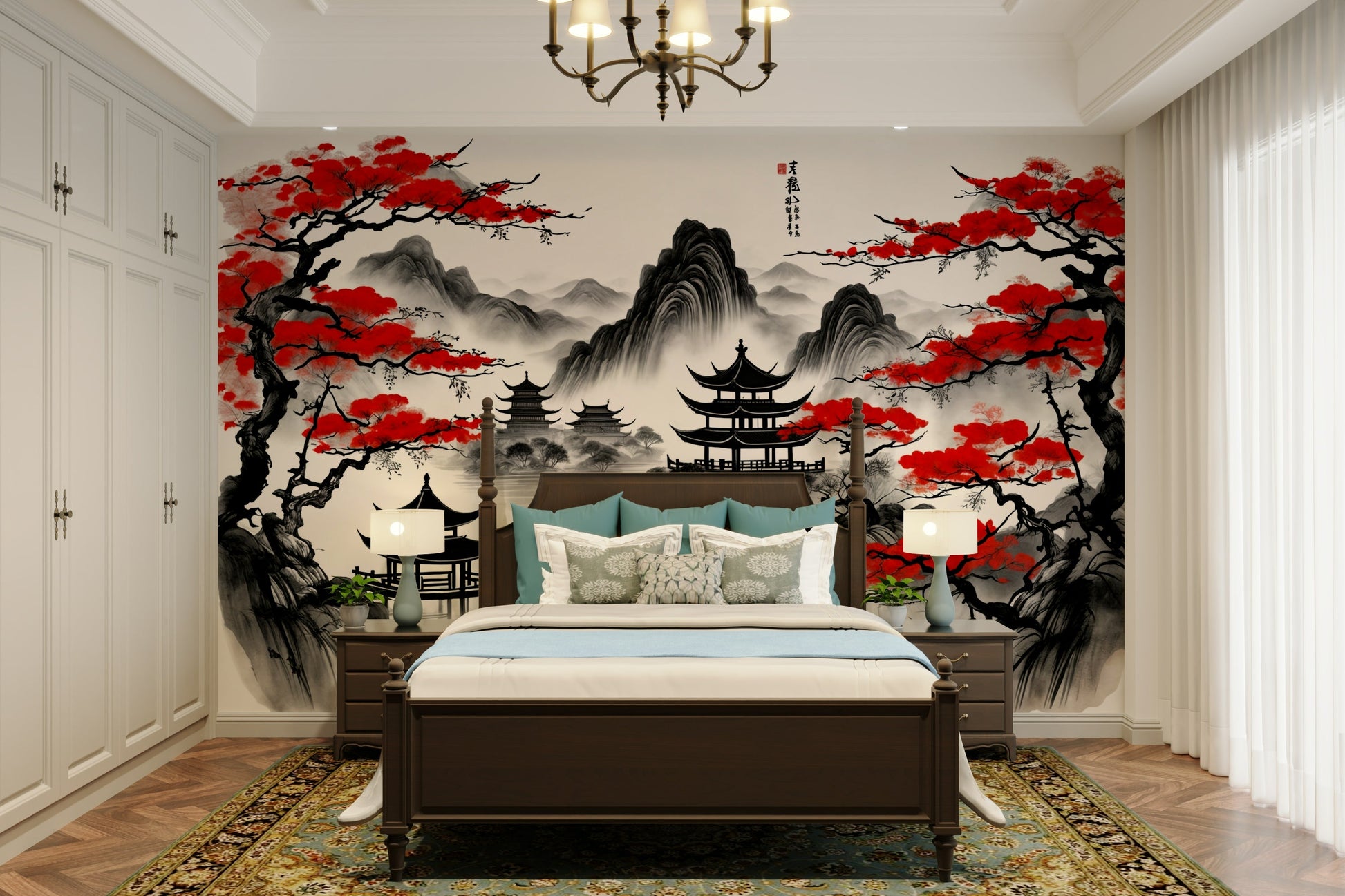 The image shows an artistic impression of a peaceful pagoda with red floral blooms.

