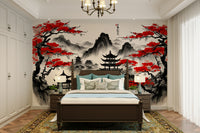 The image shows an artistic impression of a peaceful pagoda with red floral blooms.

