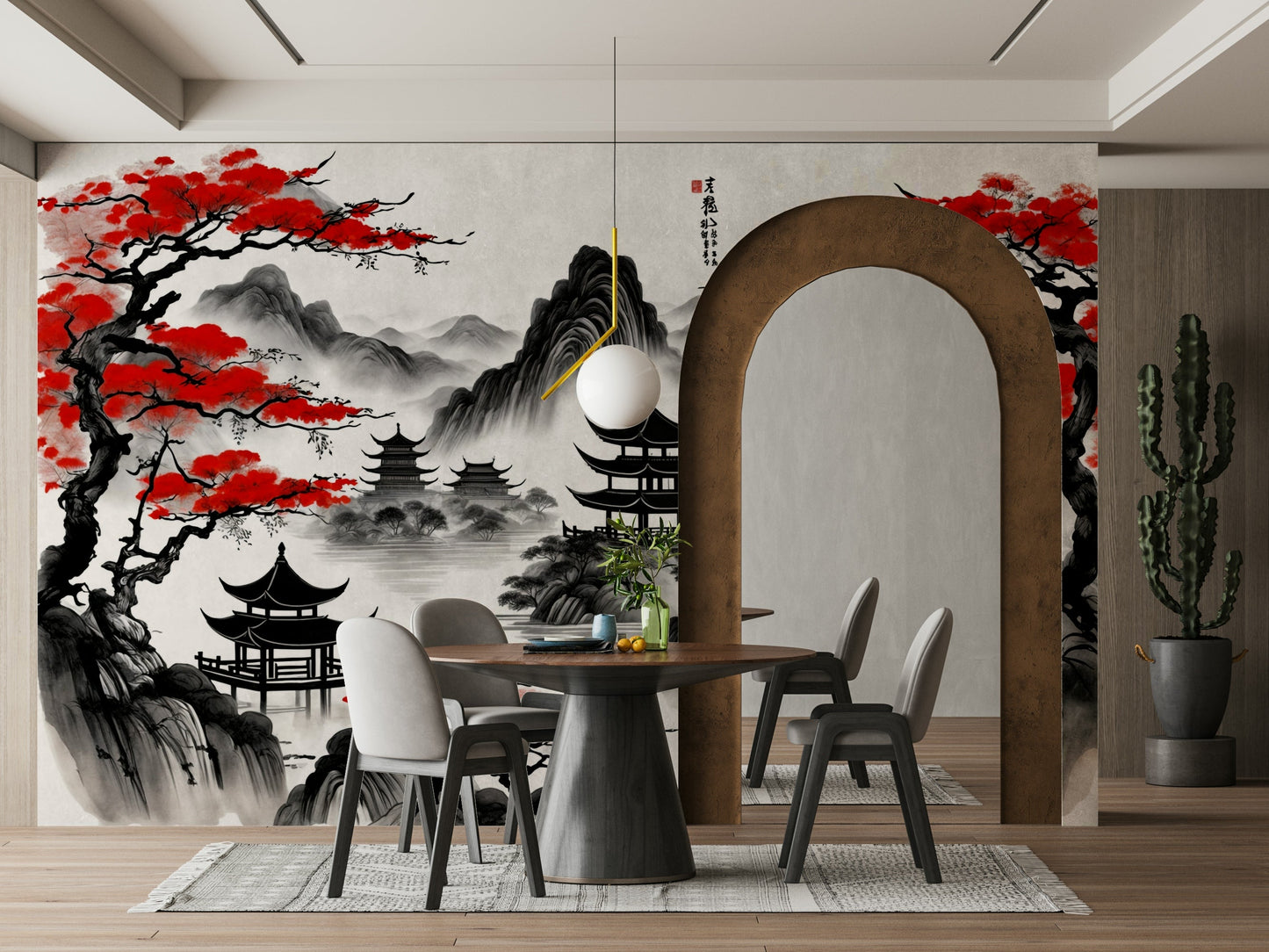 The colors are soft, muted tones of red, black, and beige.

