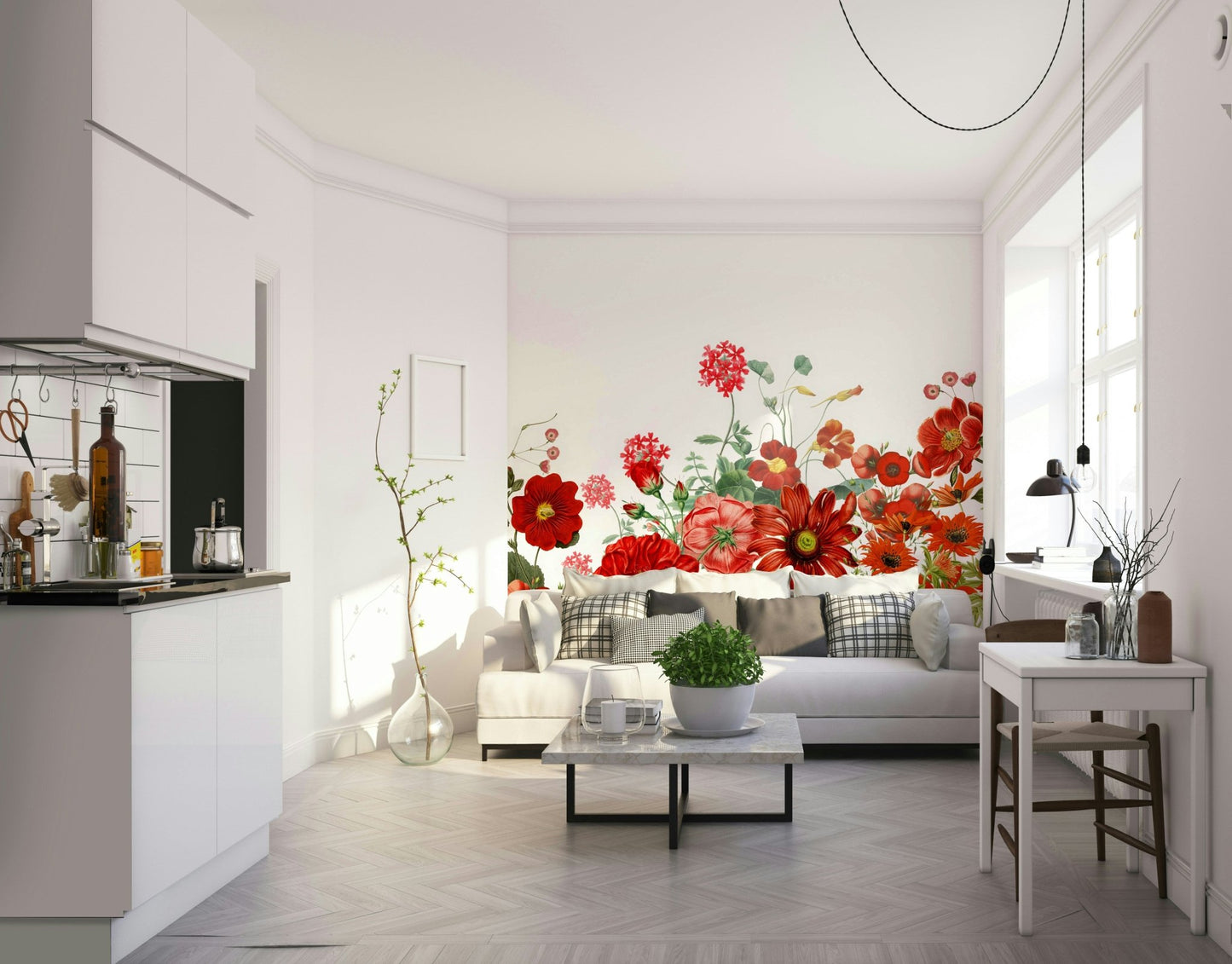 The design features blooming red flowers and green leaves.

