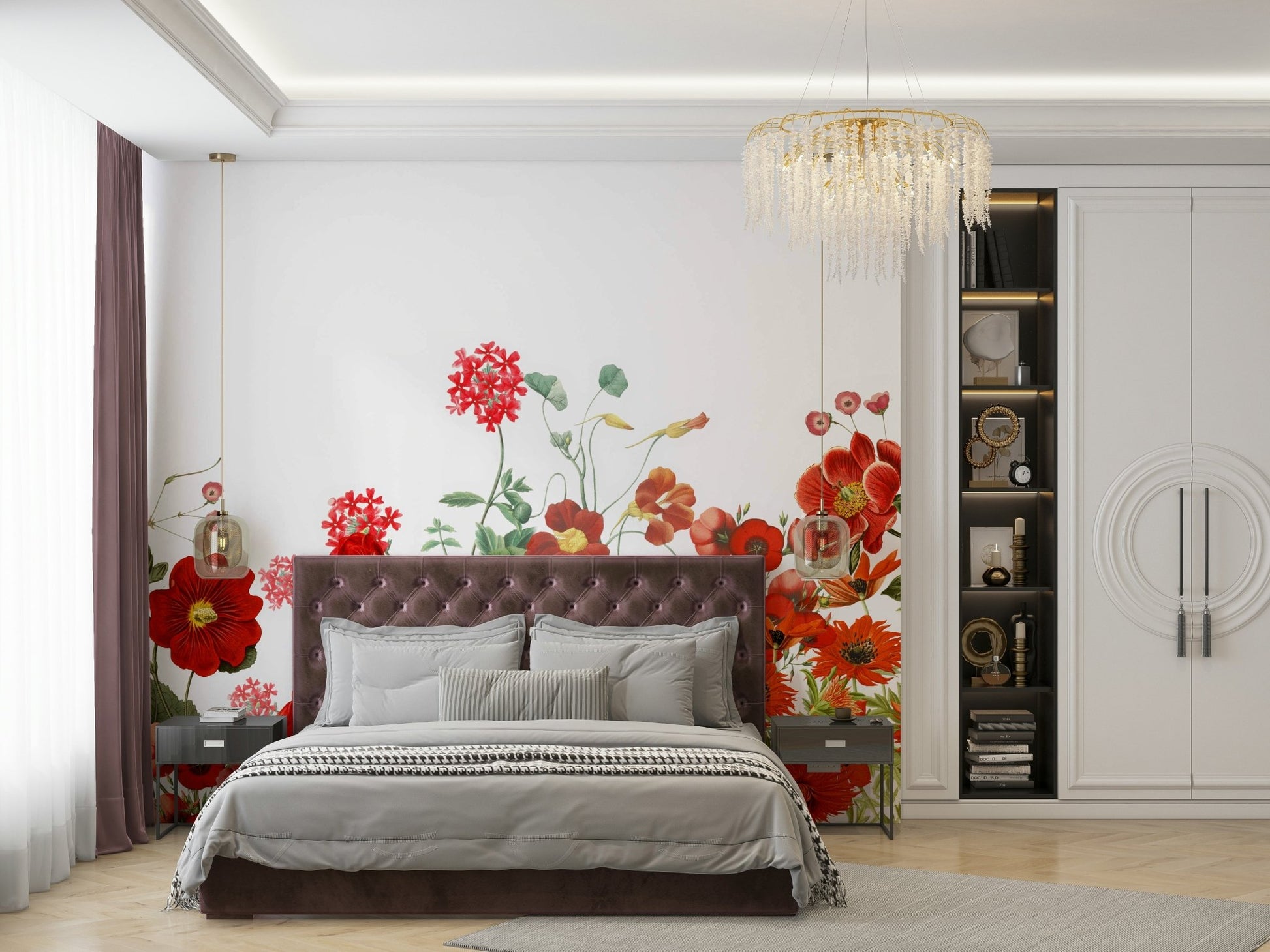 The flowers are in soft, red tones with a vintage feel.

