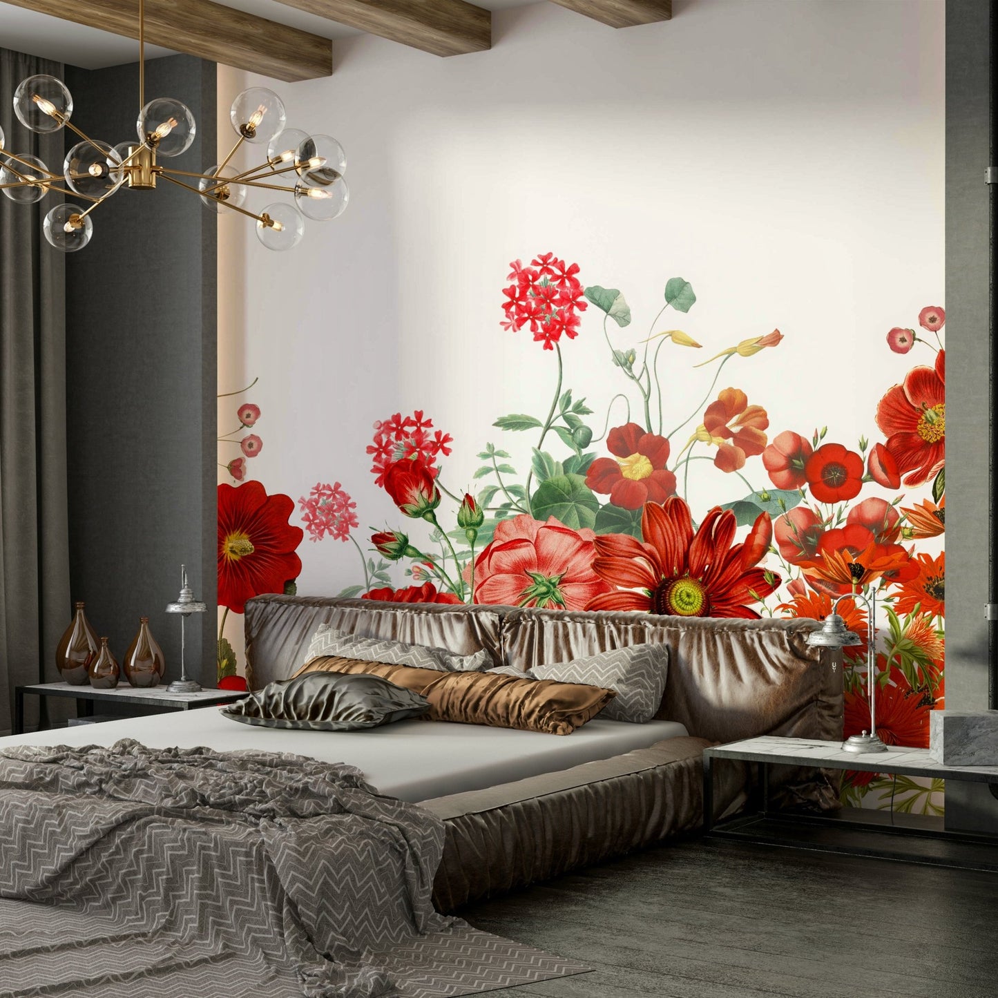 A peaceful wall mural with a garden of red flowers.

