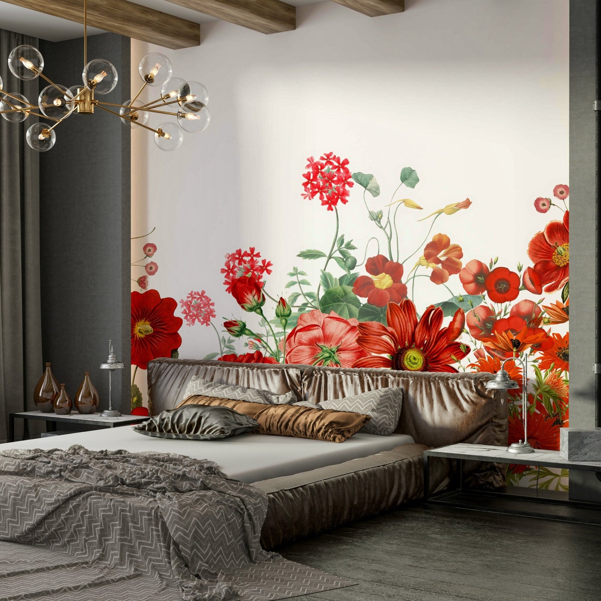 A peaceful wall mural with a garden of red flowers.

