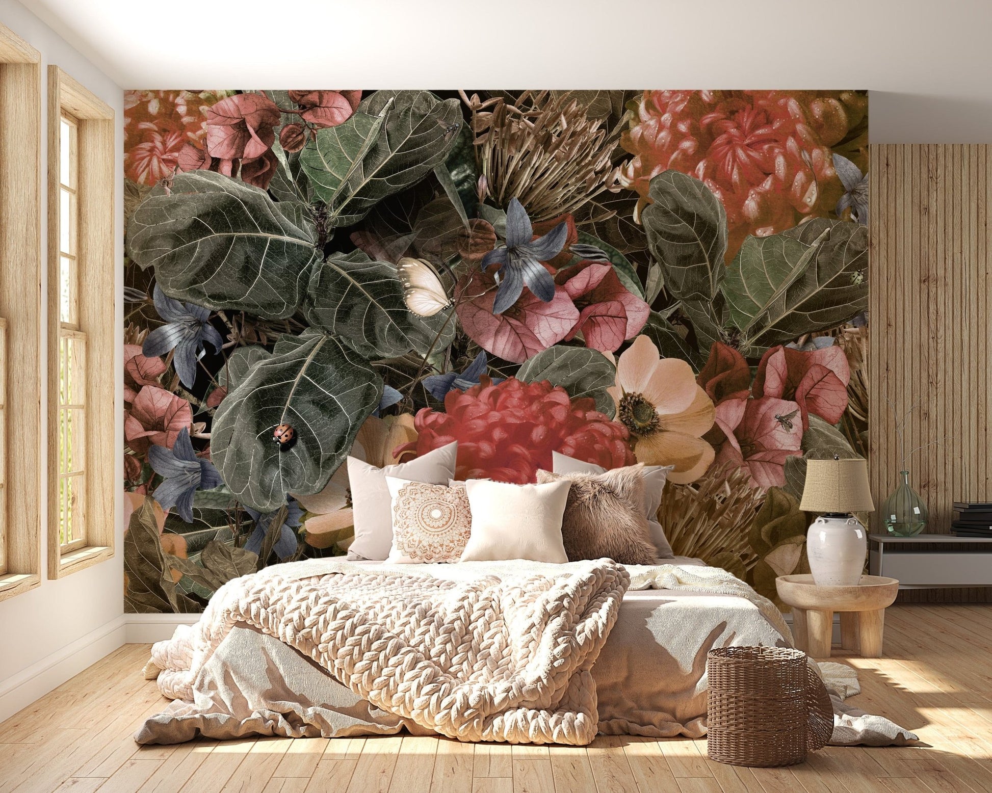Red Green Tropical Leaves & Floral Wallpaper Mural - Giffywalls A126