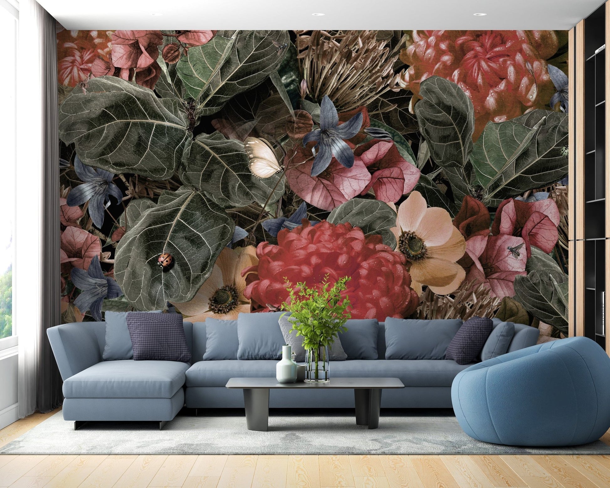 Vibrant floral wallpaper with tropical leaves A126
