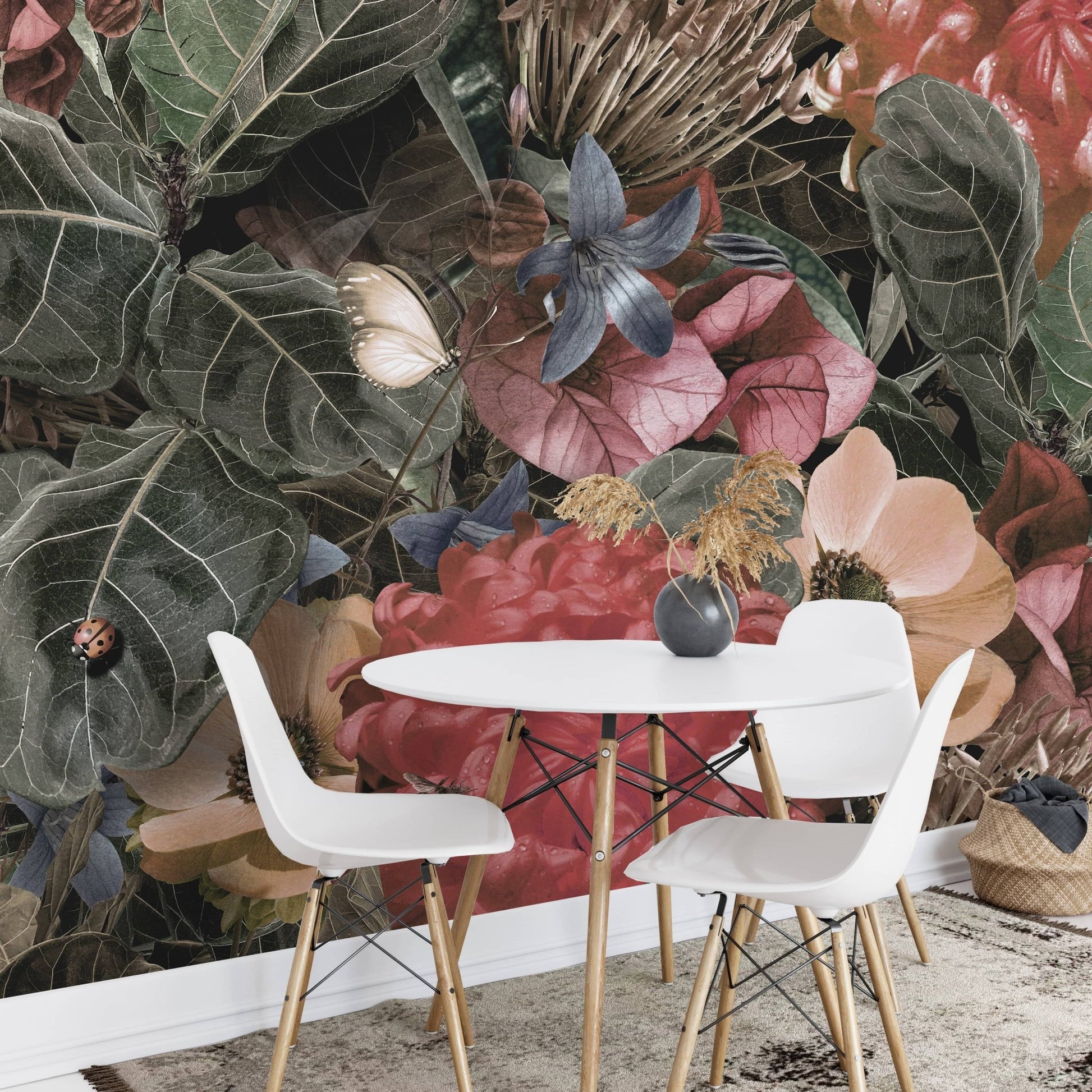 Red Green Tropical Leaves & Floral Wallpaper Mural - Giffywalls A126