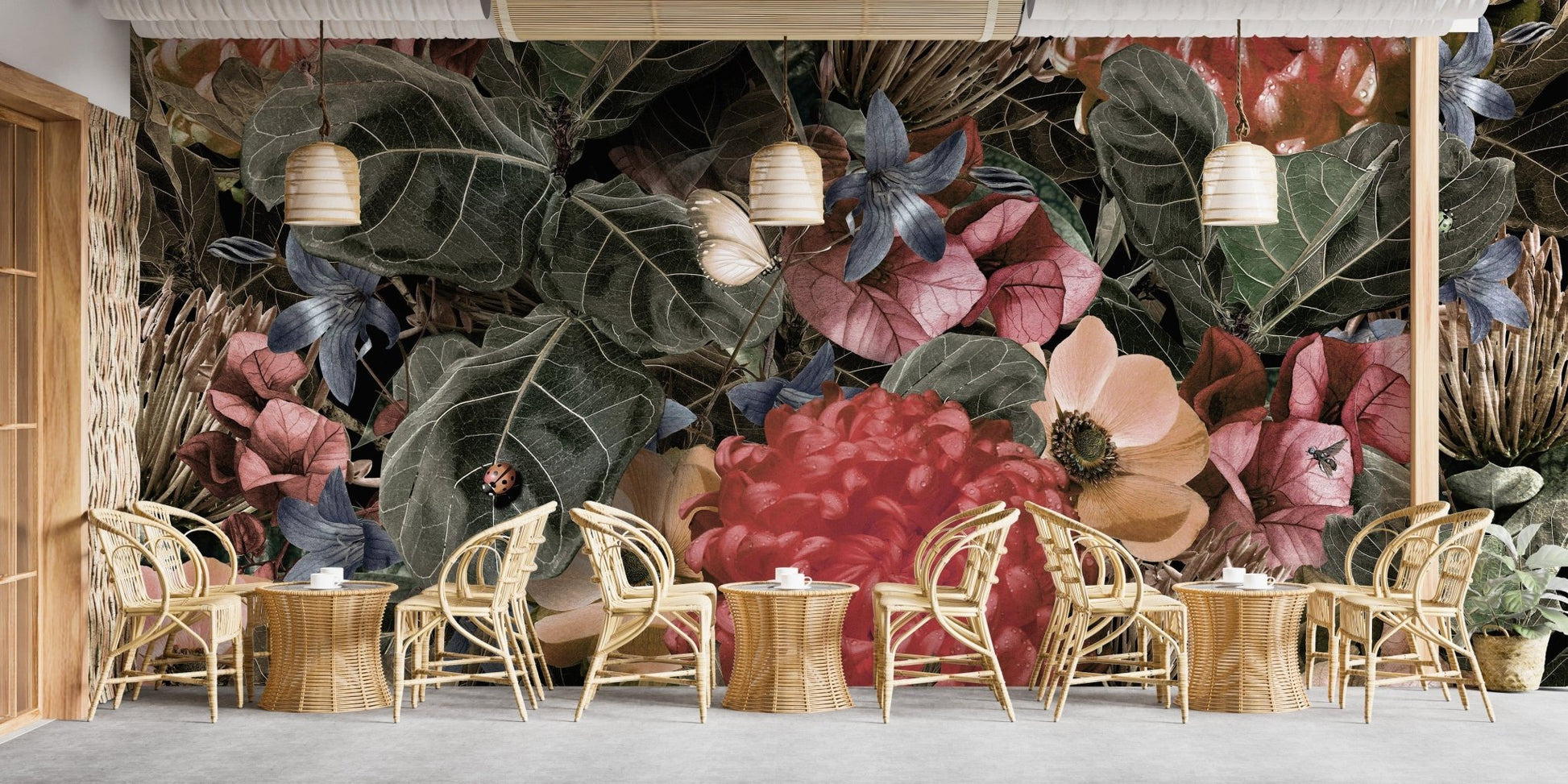 Red Green Tropical Leaves & Floral Wallpaper Mural - Giffywalls A126