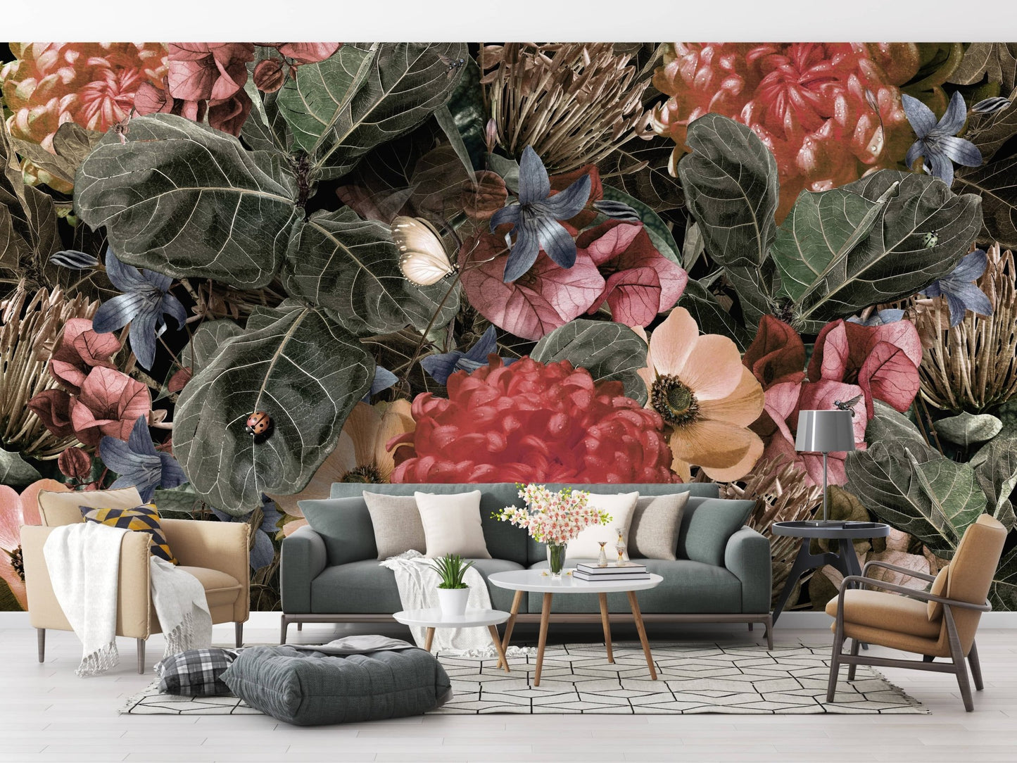 Tropical floral mural with red and green tones A126
