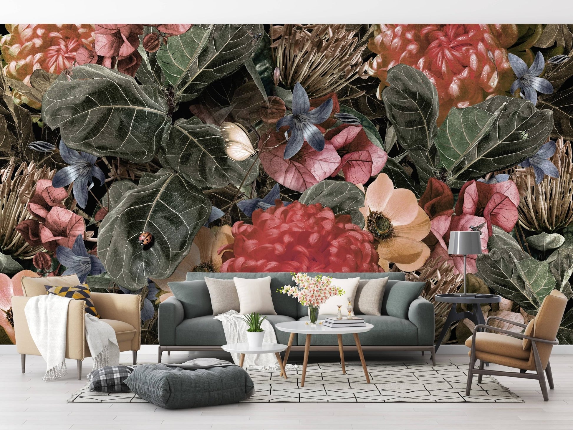 Tropical floral mural with red and green tones A126
