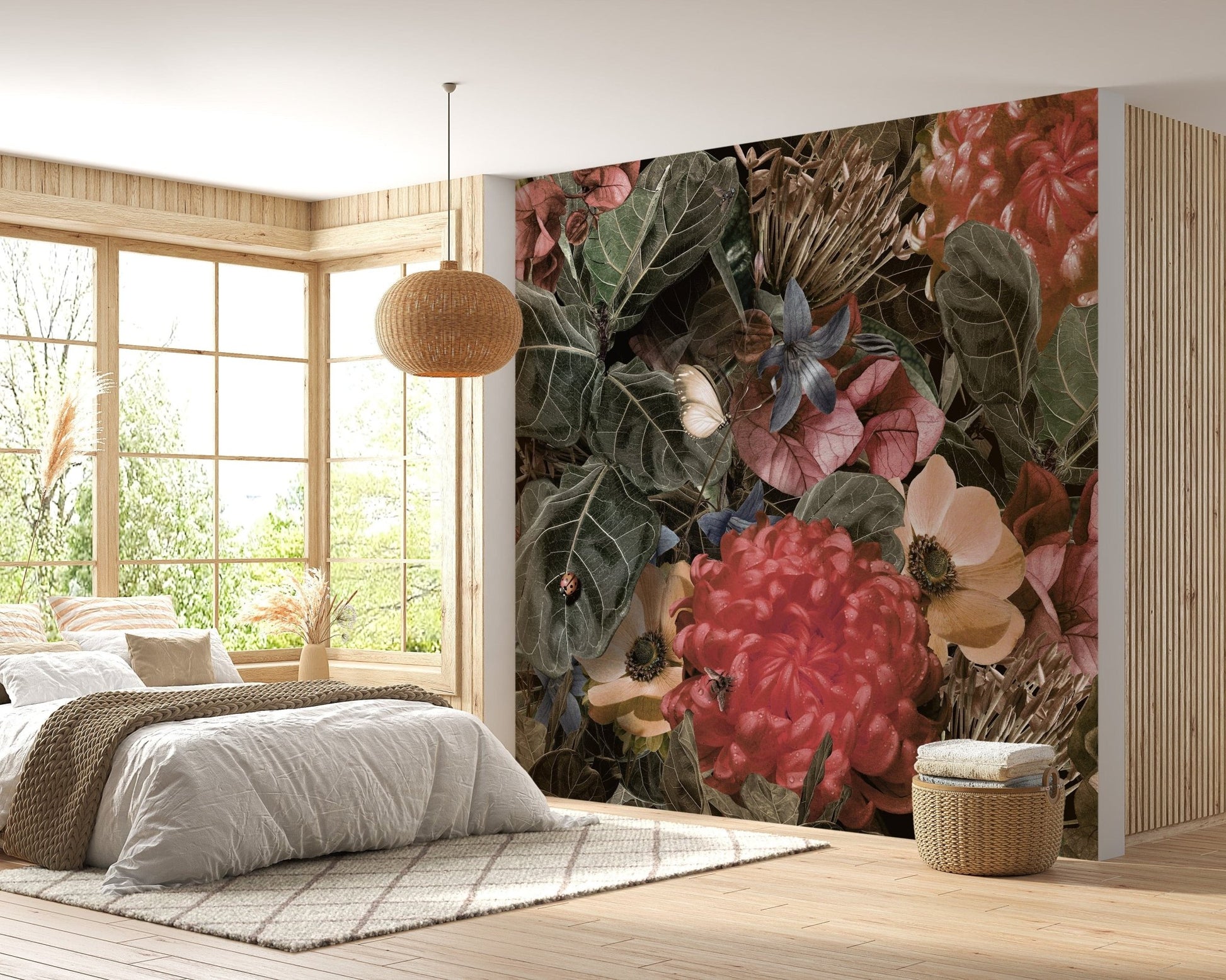 Red Green Tropical Leaves & Floral Wallpaper Mural - Giffywalls A126