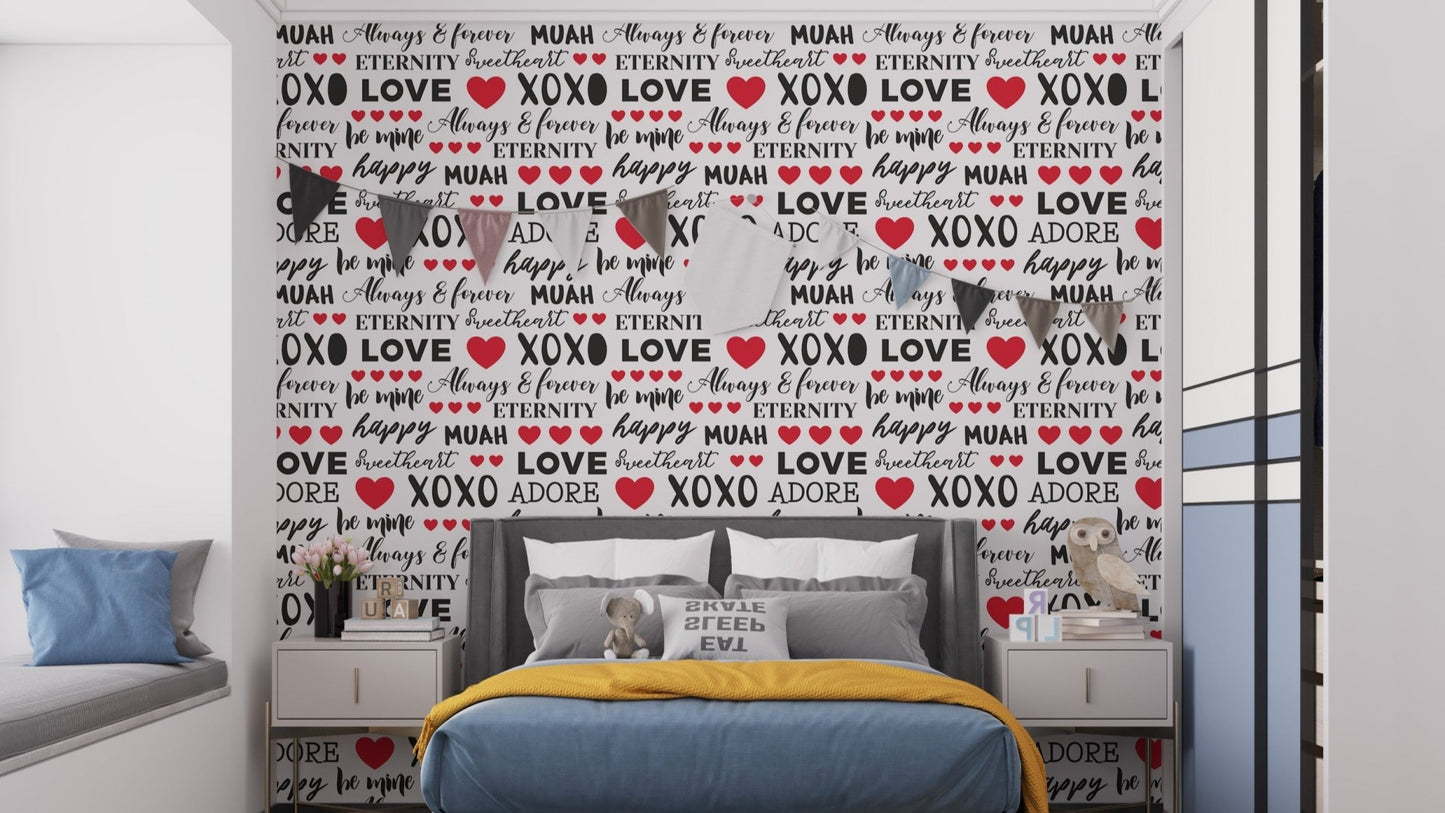Love-themed mural with red accents
