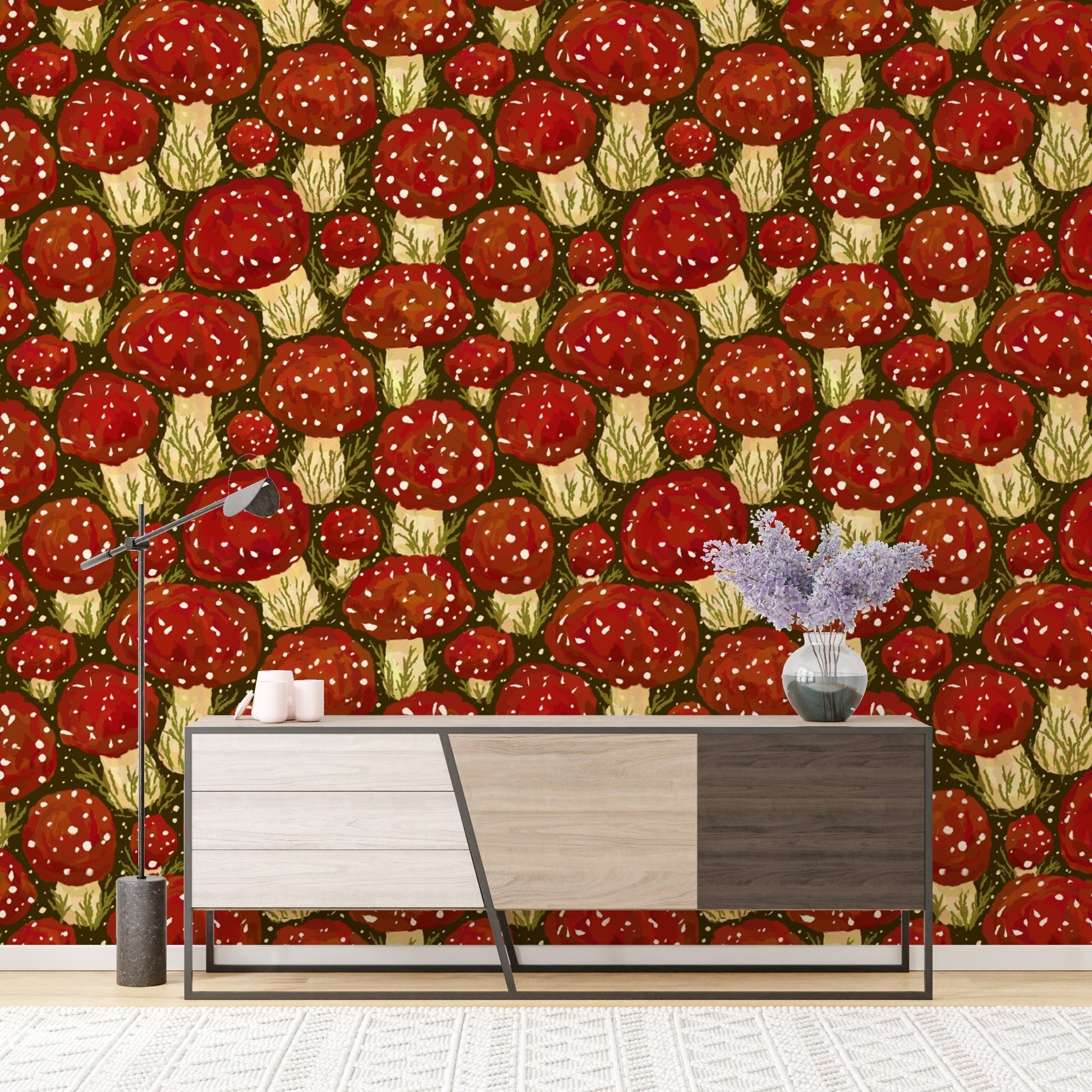 Charming red mushroom meadow peel and stick wallpaper for cozy walls. RNM75
