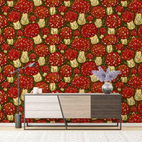 Charming red mushroom meadow peel and stick wallpaper for cozy walls. RNM75
