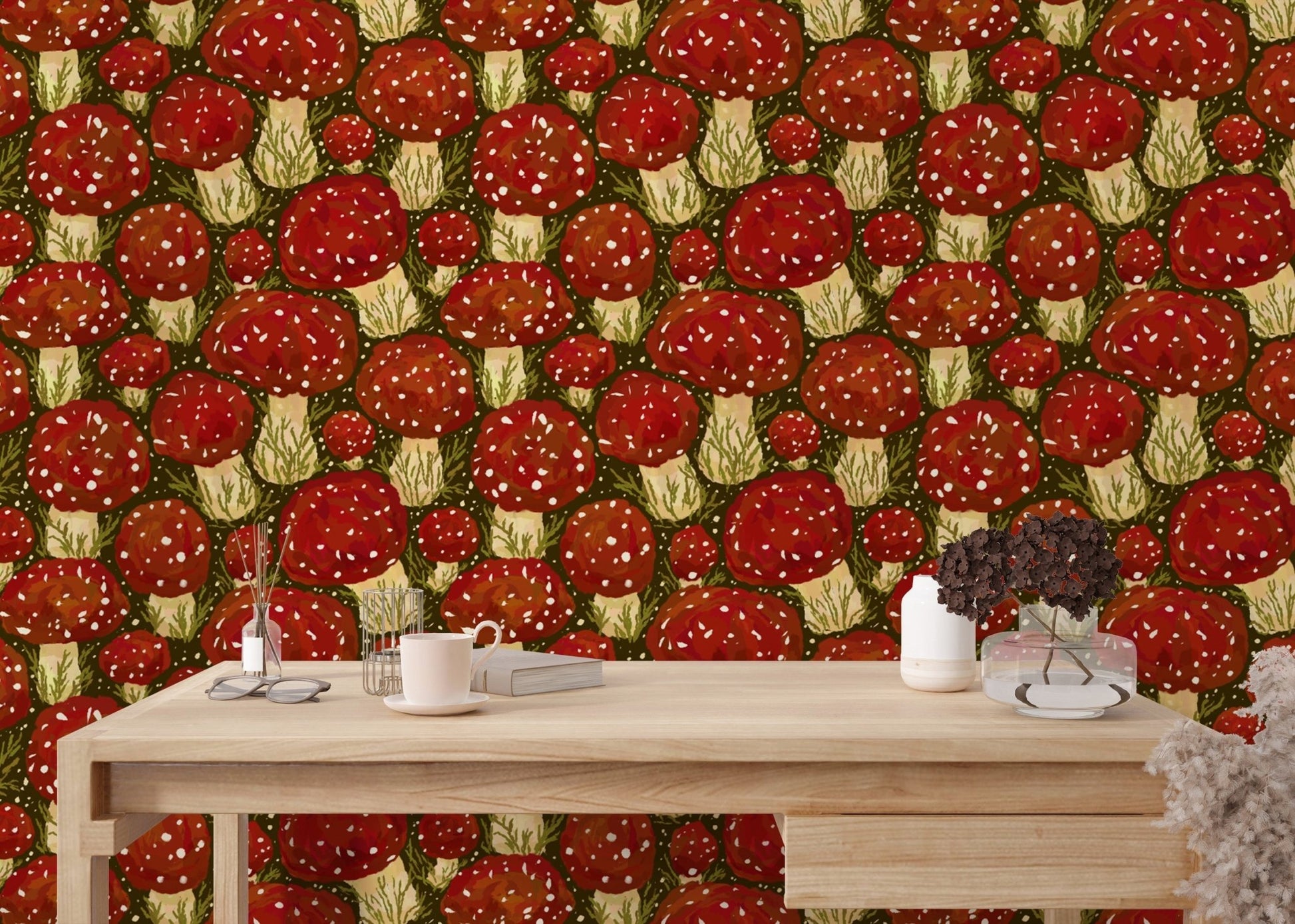 Sophisticated red mushroom meadow wallpaper for modern rustic spaces. RNM75
