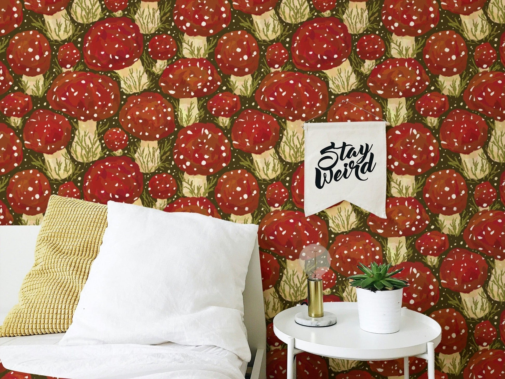 Whimsical red mushroom meadow peel and stick wallpaper for playful decor. RNM75
