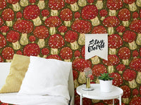 Whimsical red mushroom meadow peel and stick wallpaper for playful decor. RNM75
