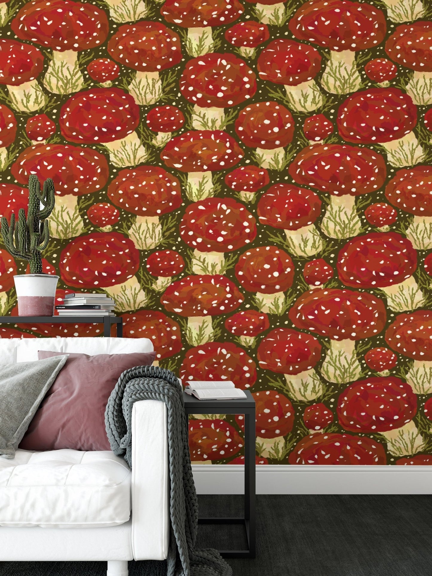 Artistic mushroom meadow wallpaper in red for unique and bold interiors. RNM75
