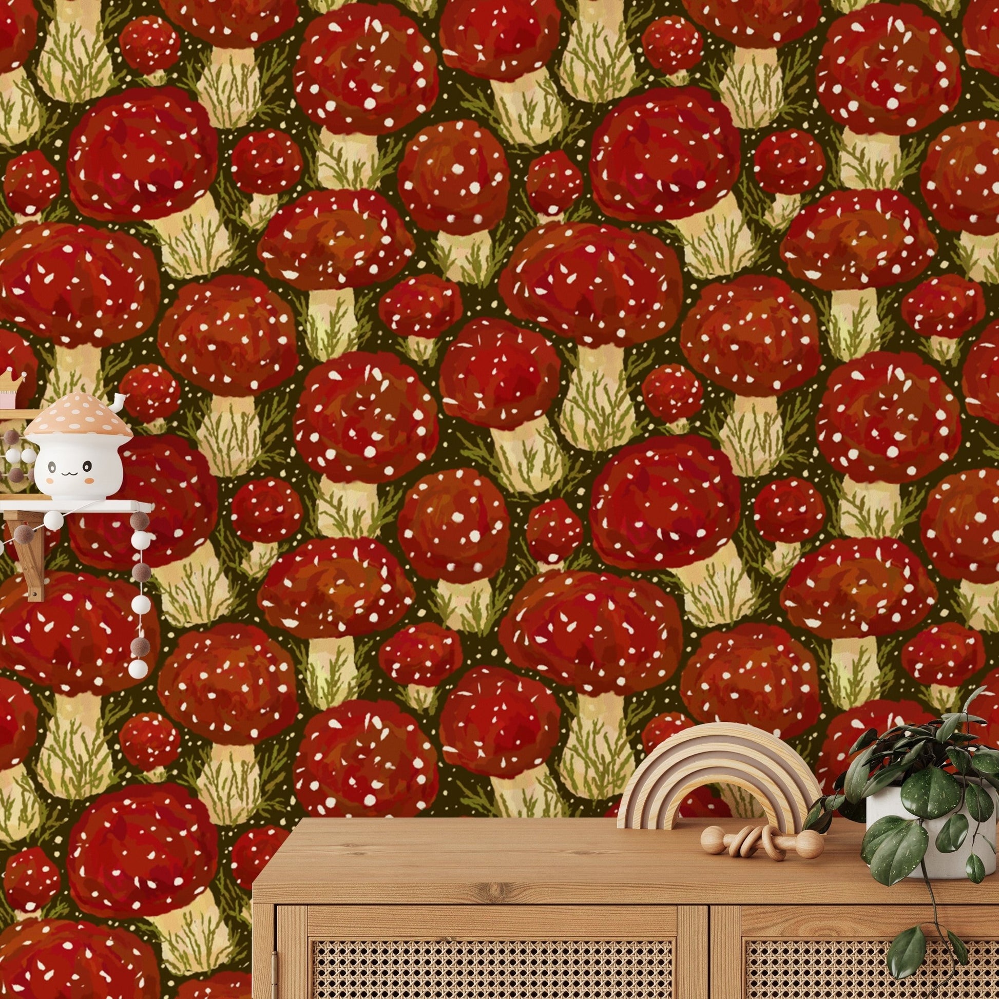 Nature-inspired peel and stick wallpaper with red mushrooms for serene rooms. RNM75
