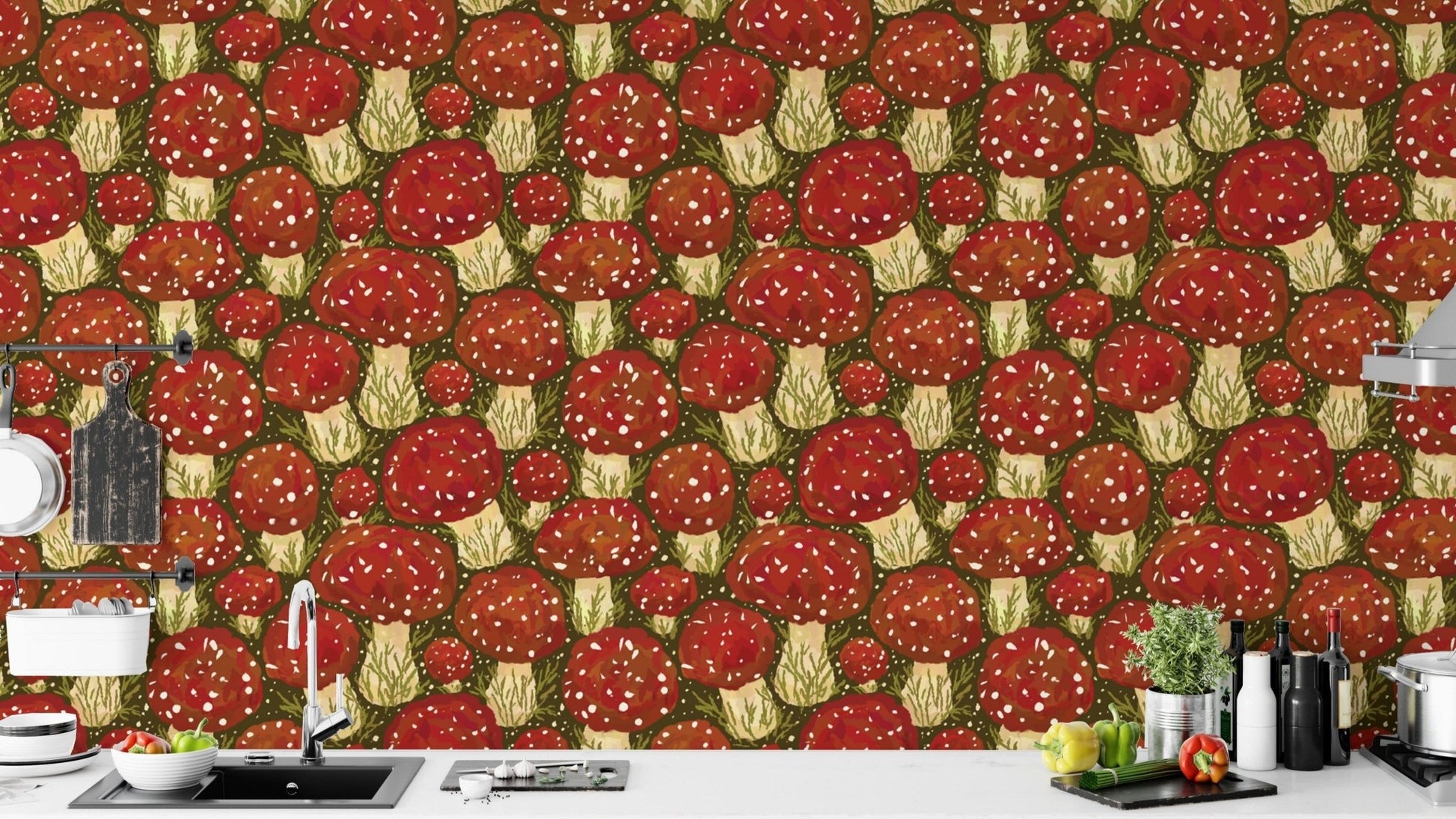 Vibrant red mushroom meadow wallpaper for a lively, nature-inspired vibe. RNM75