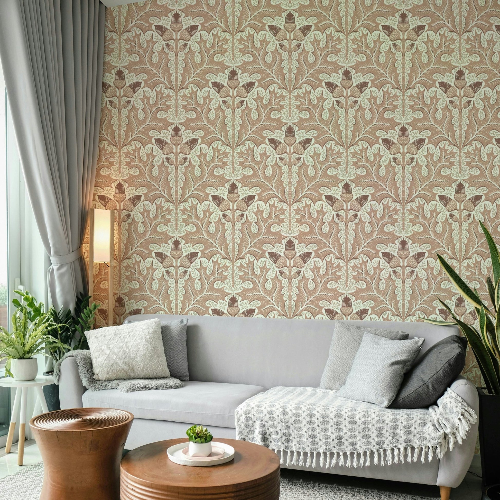 Terracotta oak leaf and acorn wallpaper pattern


