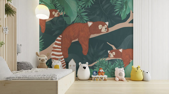Sleepy red panda mural for nursery wall, C331