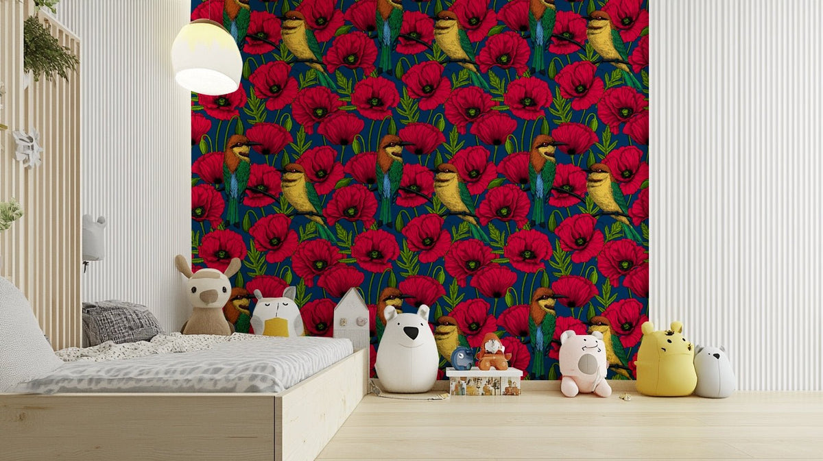 Vibrant poppies and birds mural, GD2100