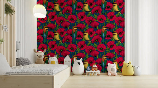 Vibrant poppies and birds mural, GD2100