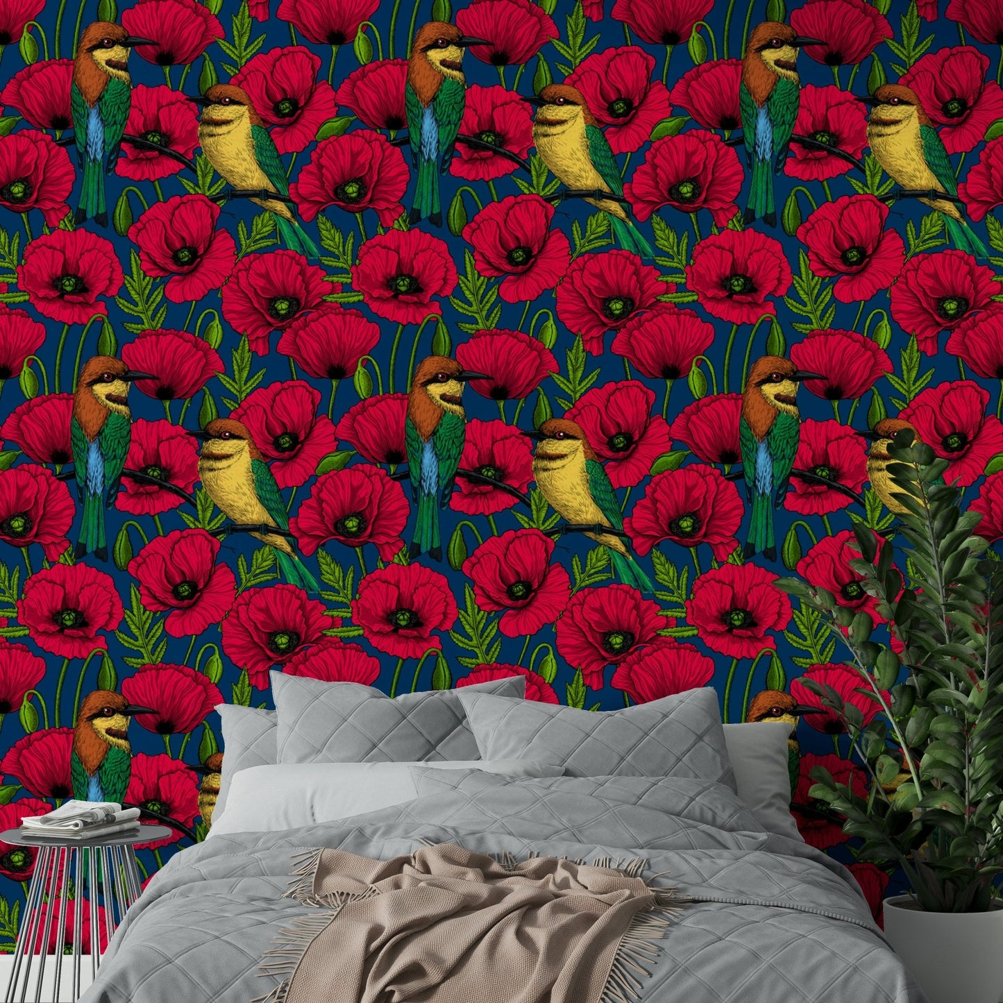Red Poppies and Bee Eaters Wallpaper

