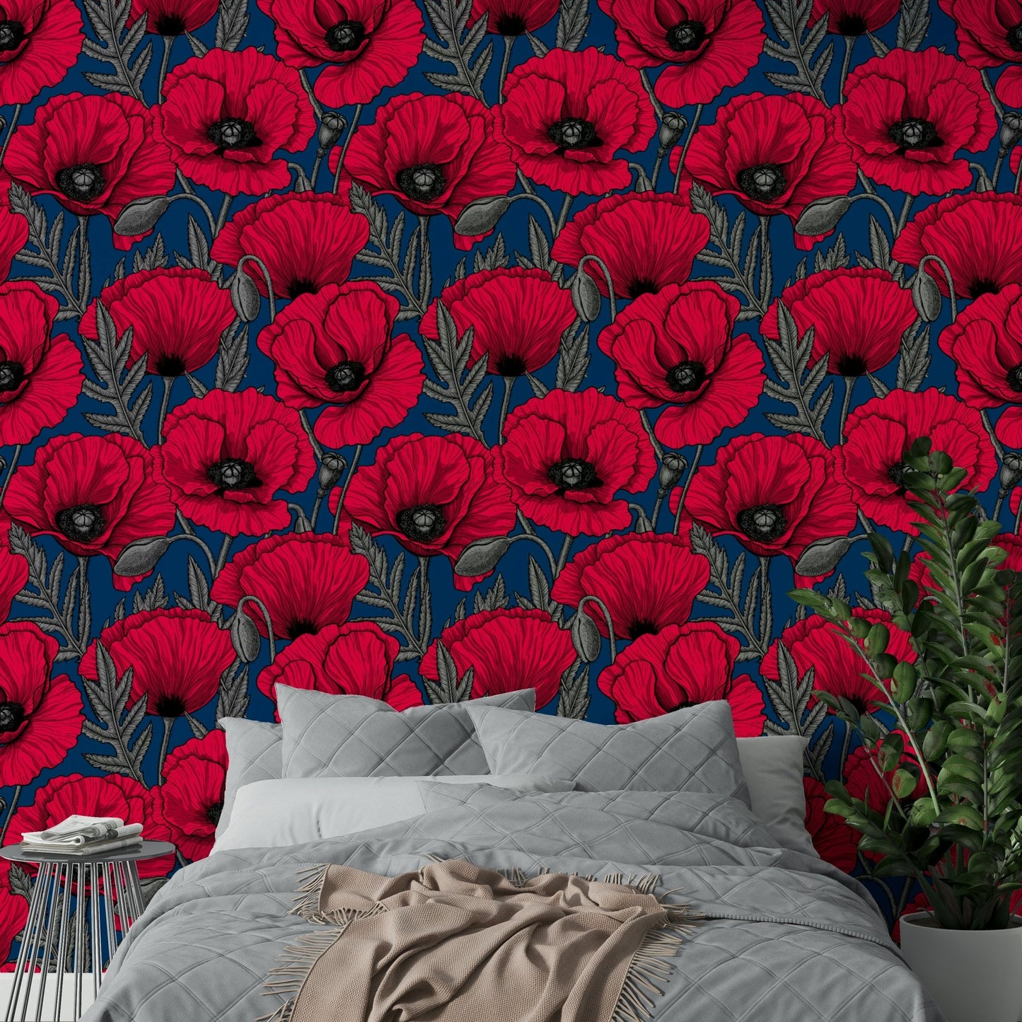 Red poppy flowers on dark blue wallpaper design

