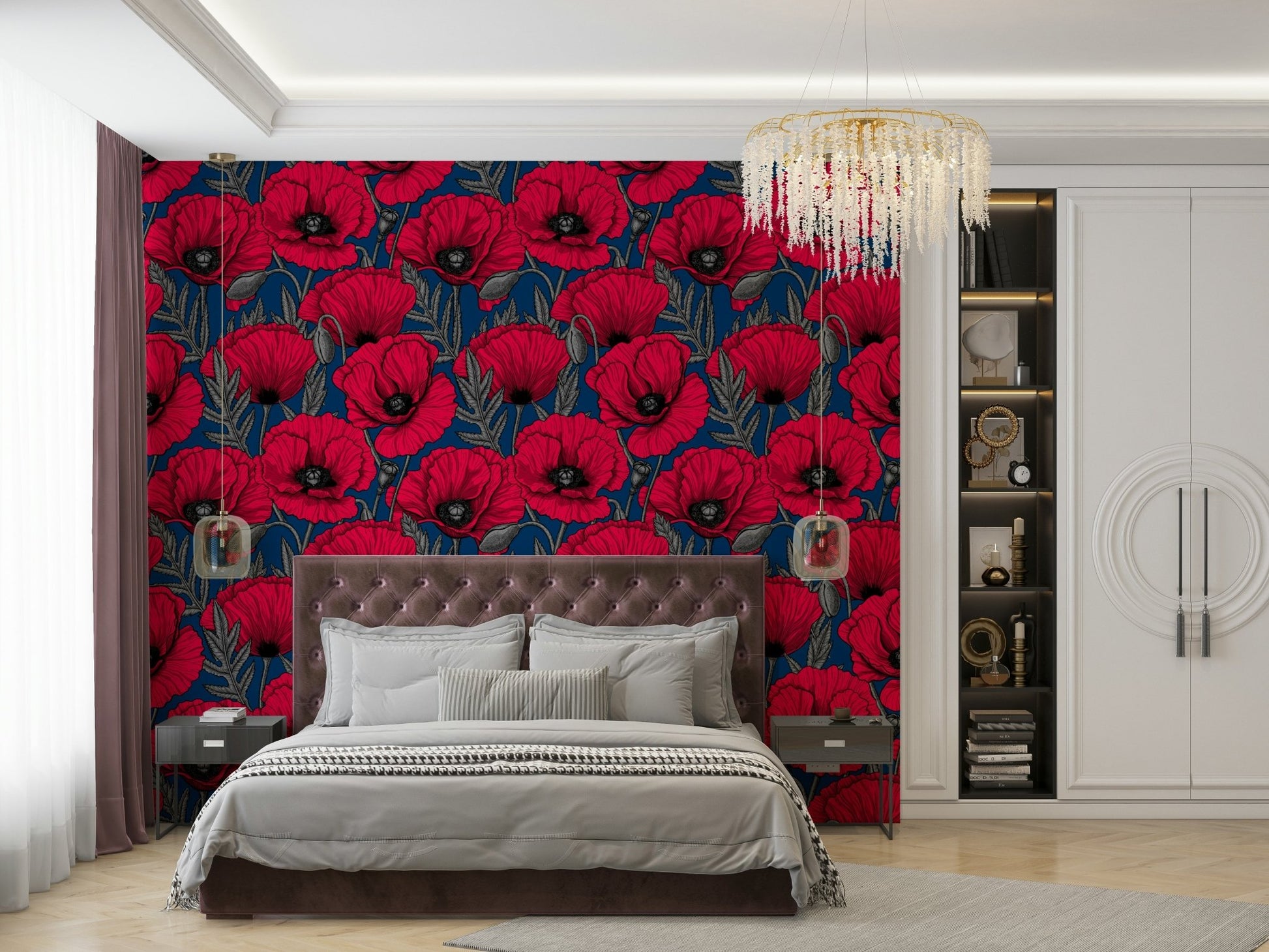 Dramatic dark blue backdrop with red poppies

