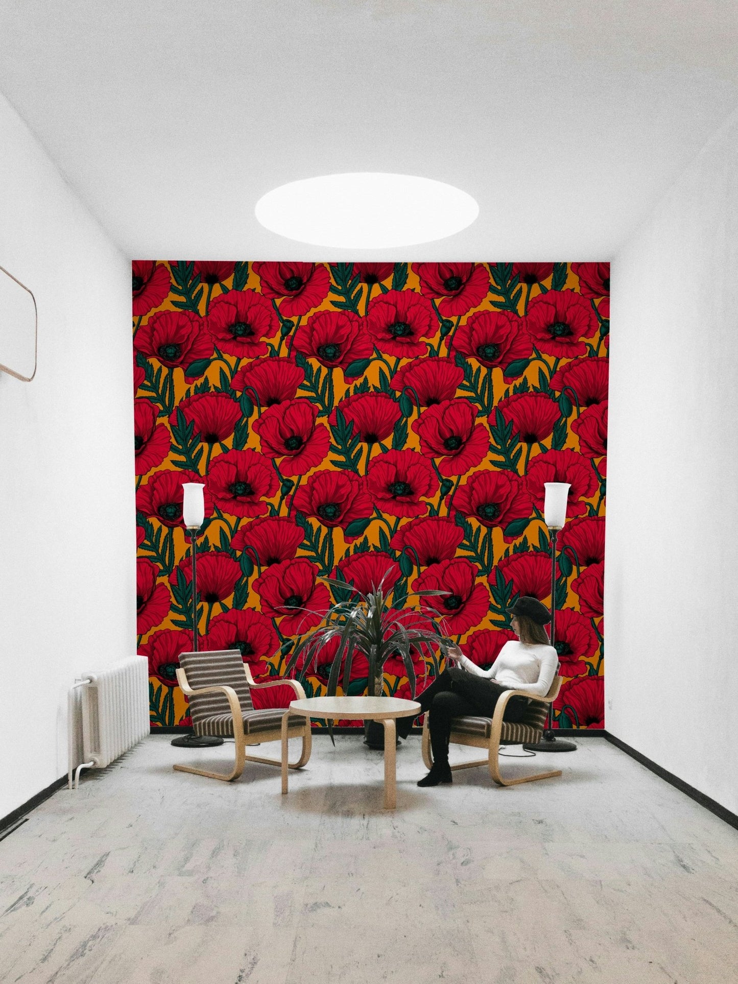 Vibrant red poppies on orange wallpaper for interiors

