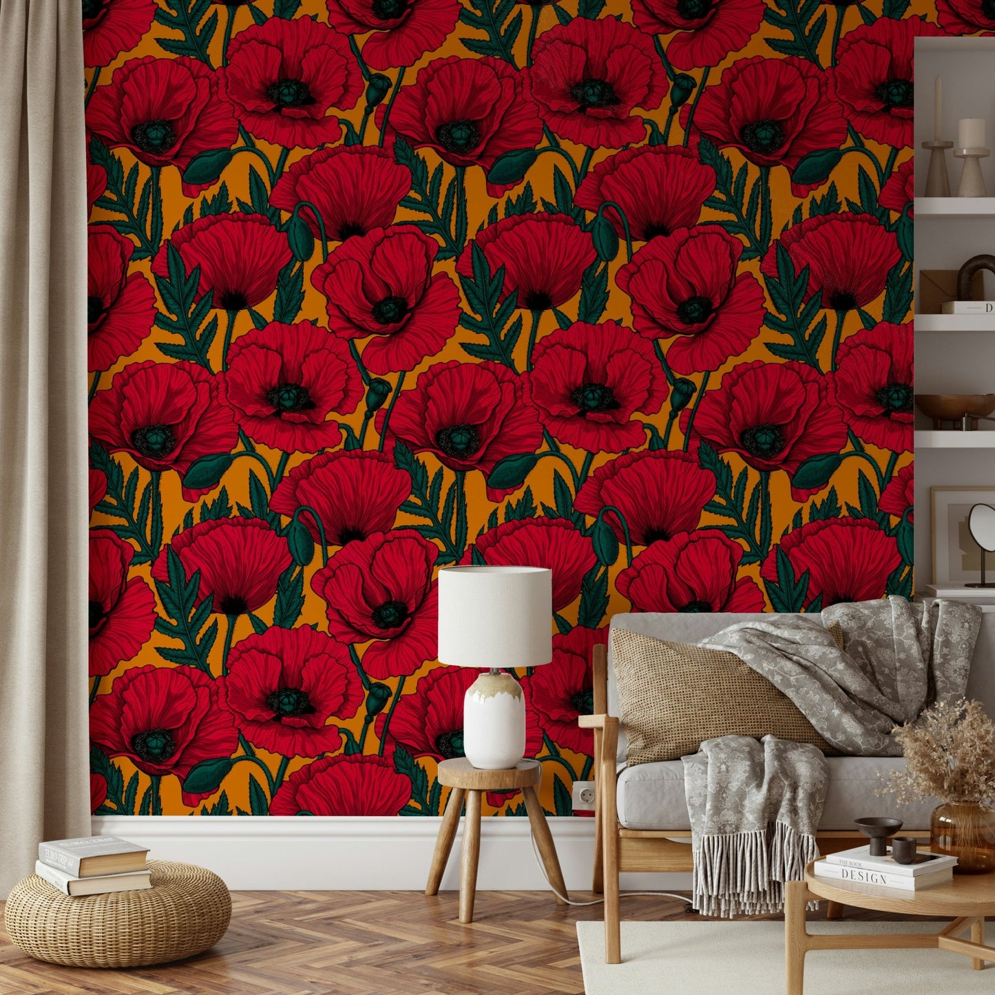Orange wallpaper featuring striking red poppy flowers

