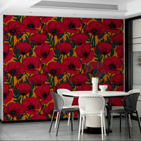 Bold and lively red poppies pattern on orange wallpaper

