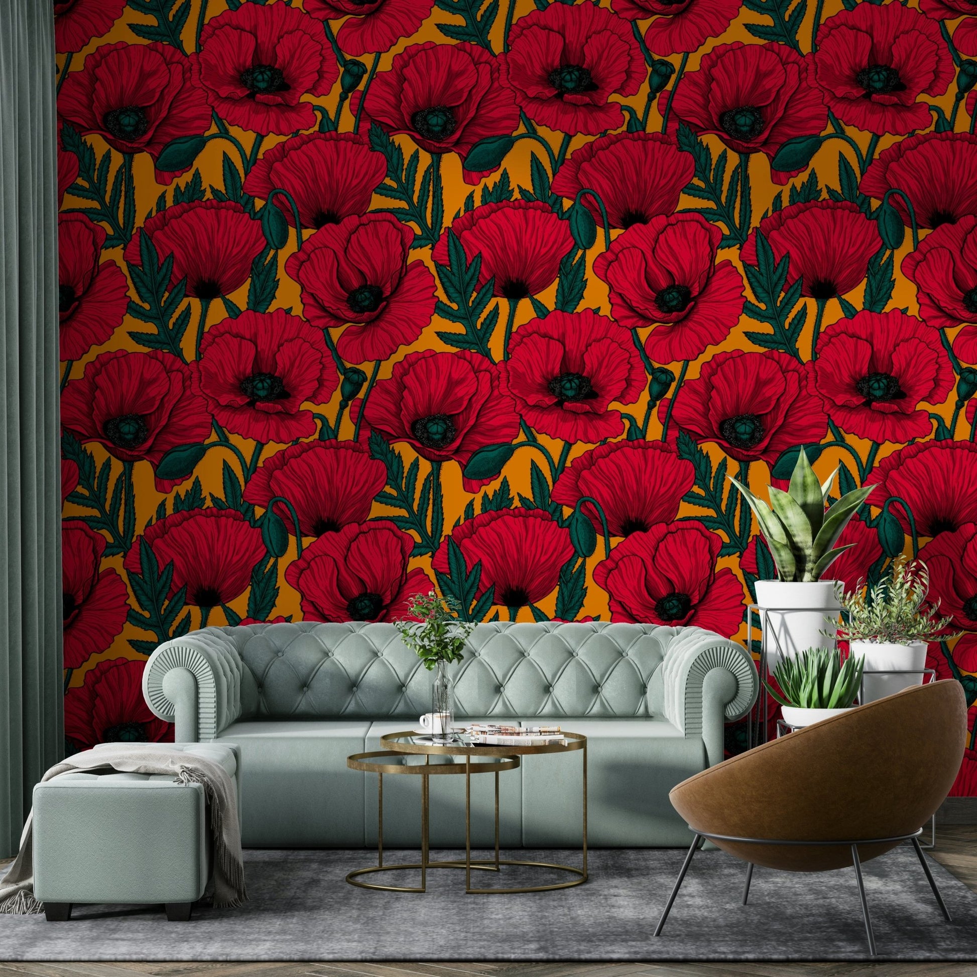Red poppy flowers wallpaper with an orange color theme

