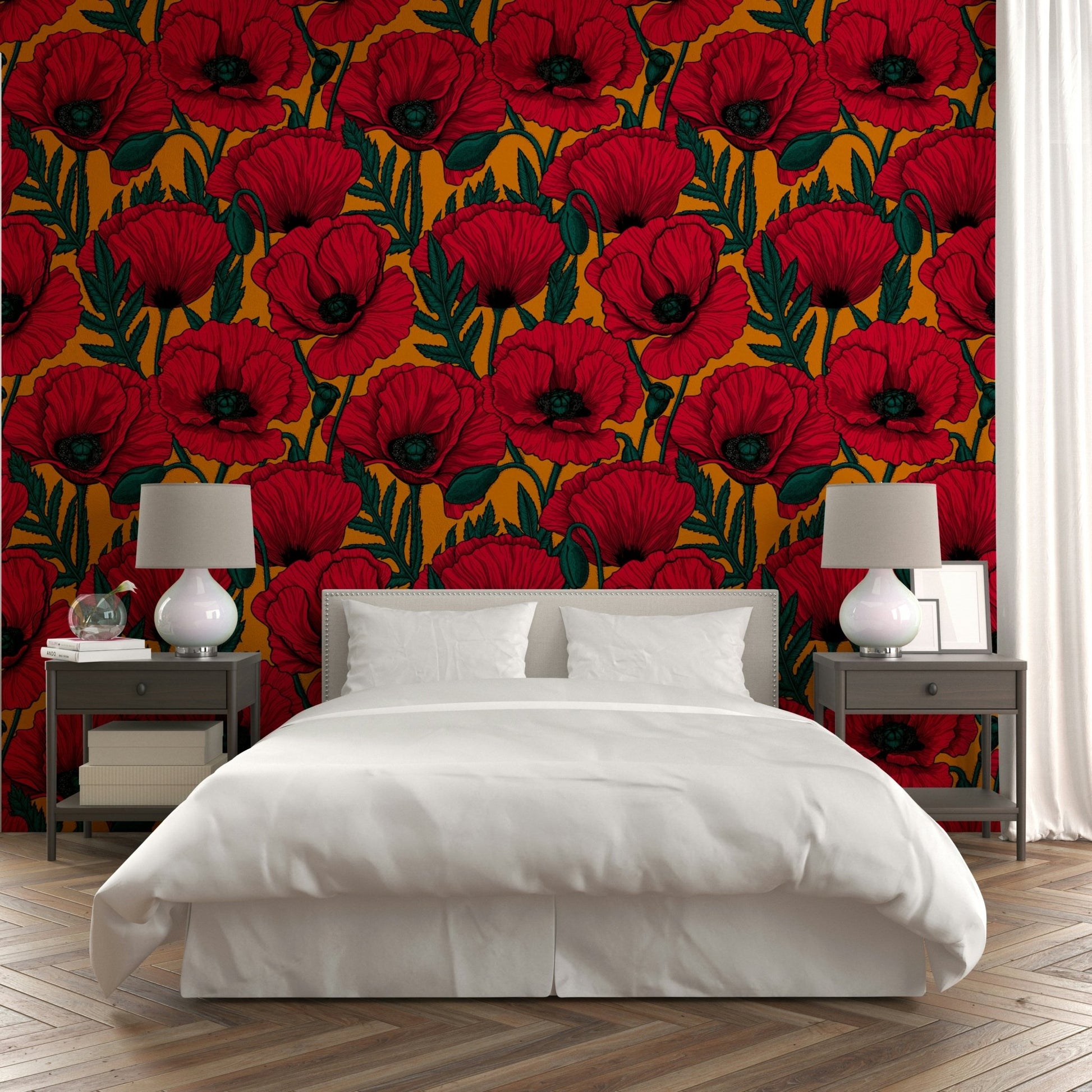Red poppies pattern on vibrant orange wallpaper backdrop

