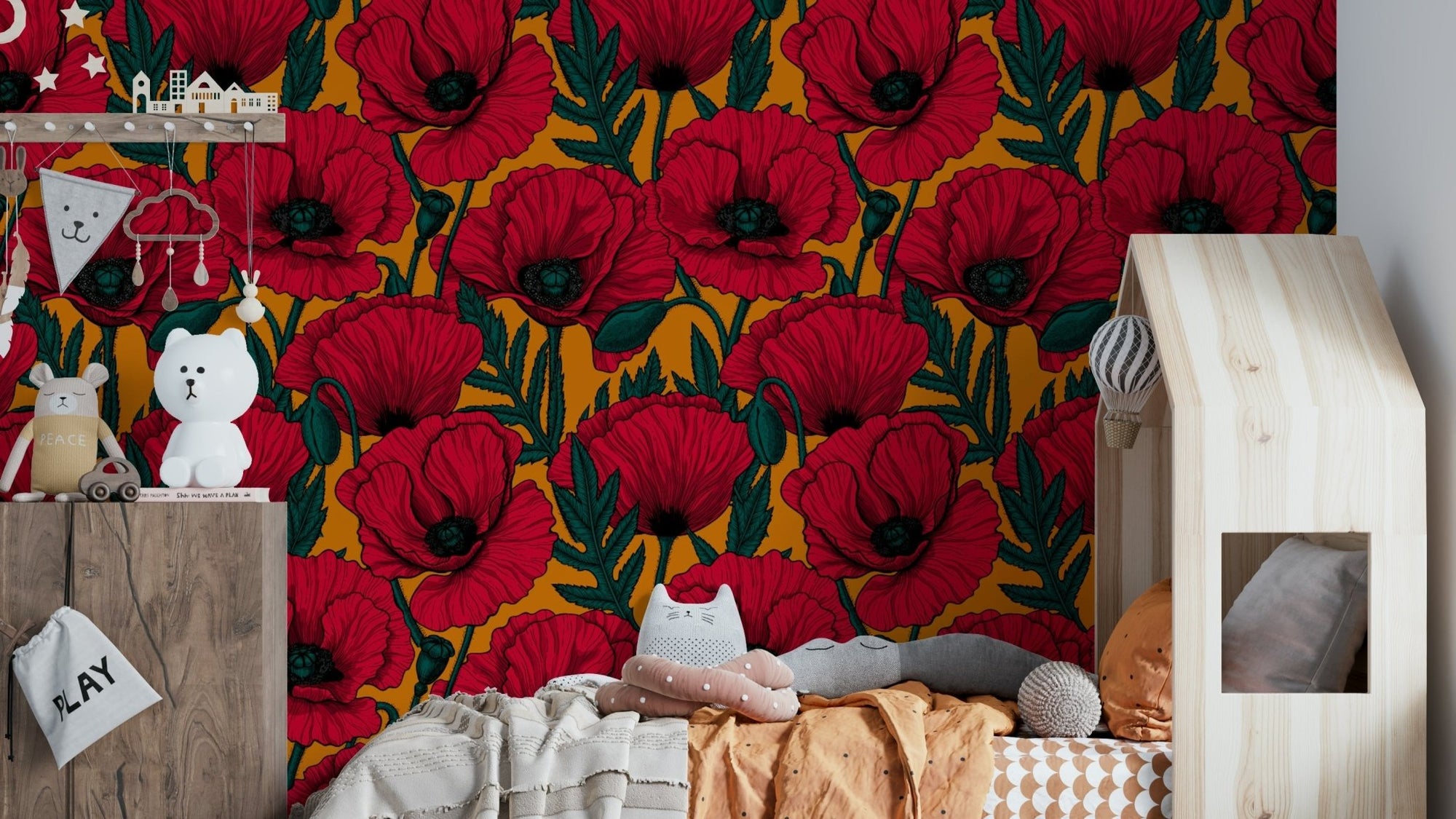 Bold red poppies pattern on warm orange wallpaper design, GD2087