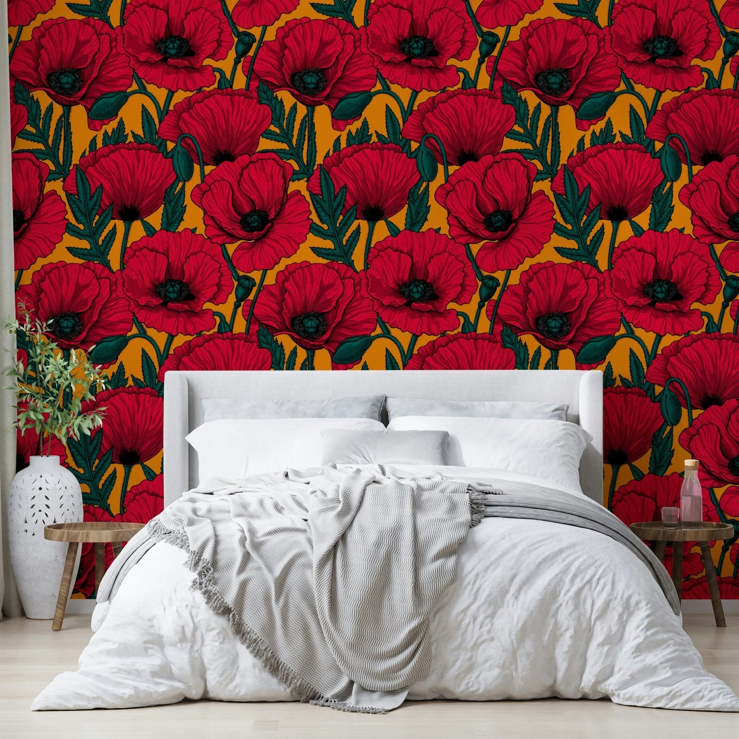 Warm orange wallpaper with red poppies floral design


