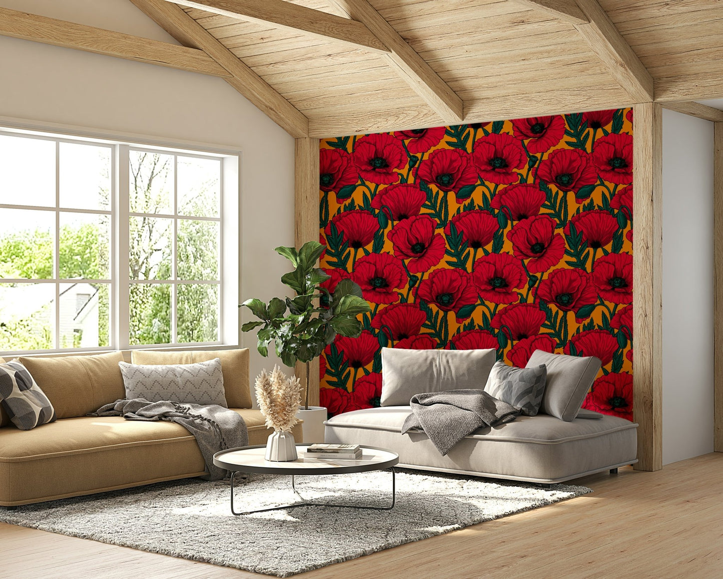 Lively red poppies with orange backdrop for room decor

