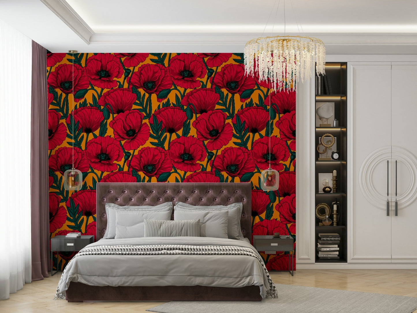 Bright and stunning red poppies wallpaper on orange base

