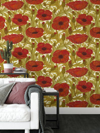 Vibrant red poppy vintage mural for bold, floral statement walls.
