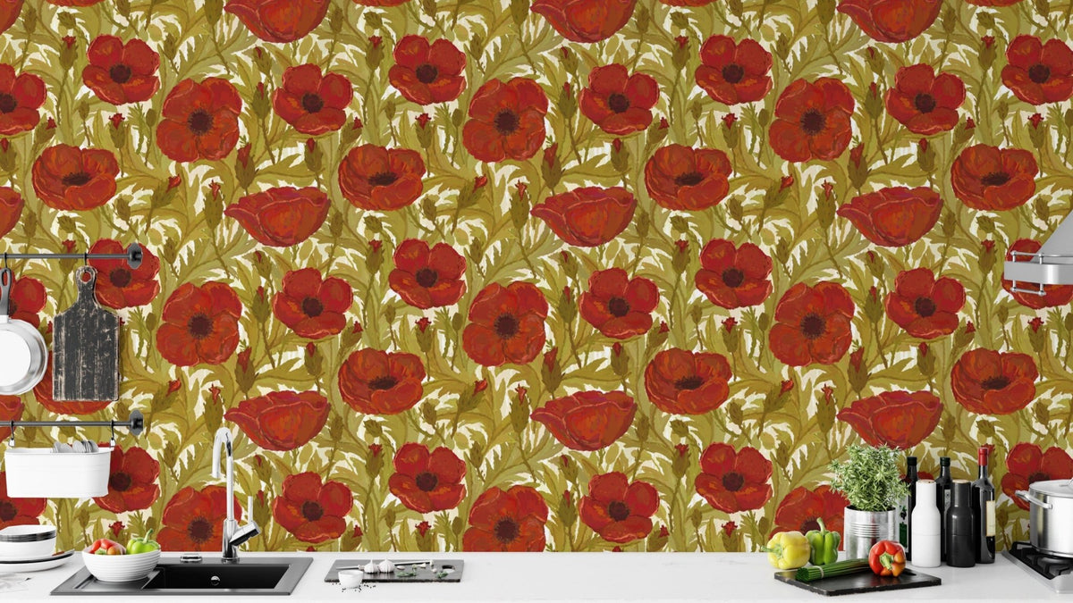 Charming red poppy vintage wallpaper for cozy, retro-inspired decor. RNM78