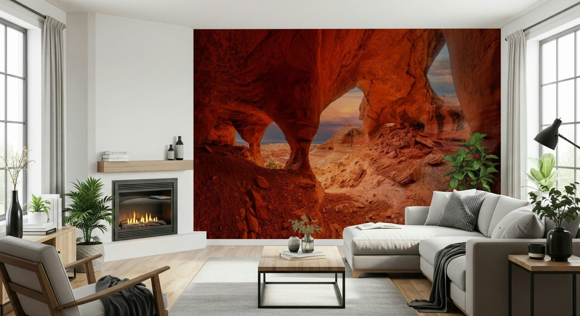 A peaceful open country mural on decorative wallpaper.
