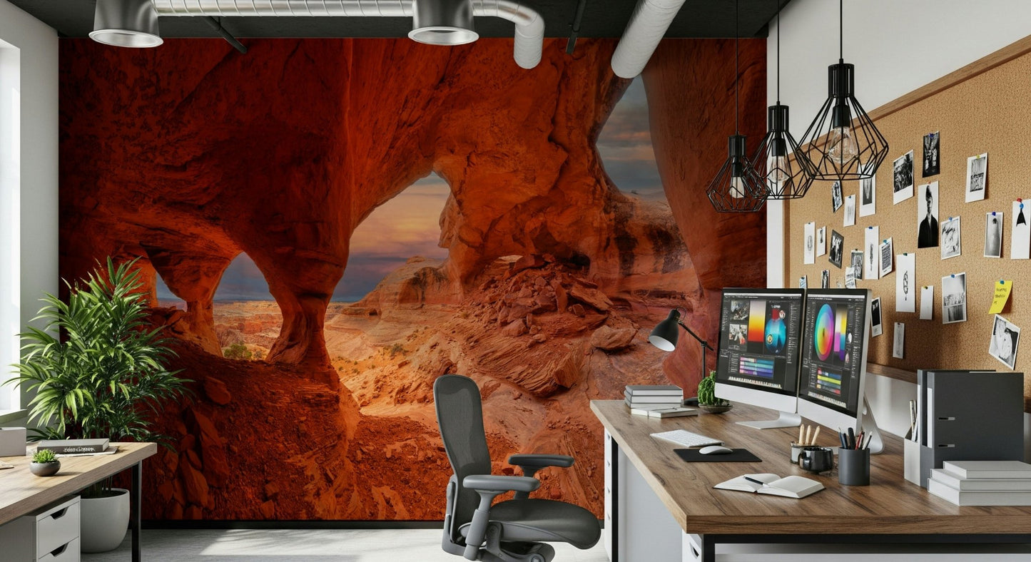 An artistic scenic landscape mural on minimalist wallpaper.