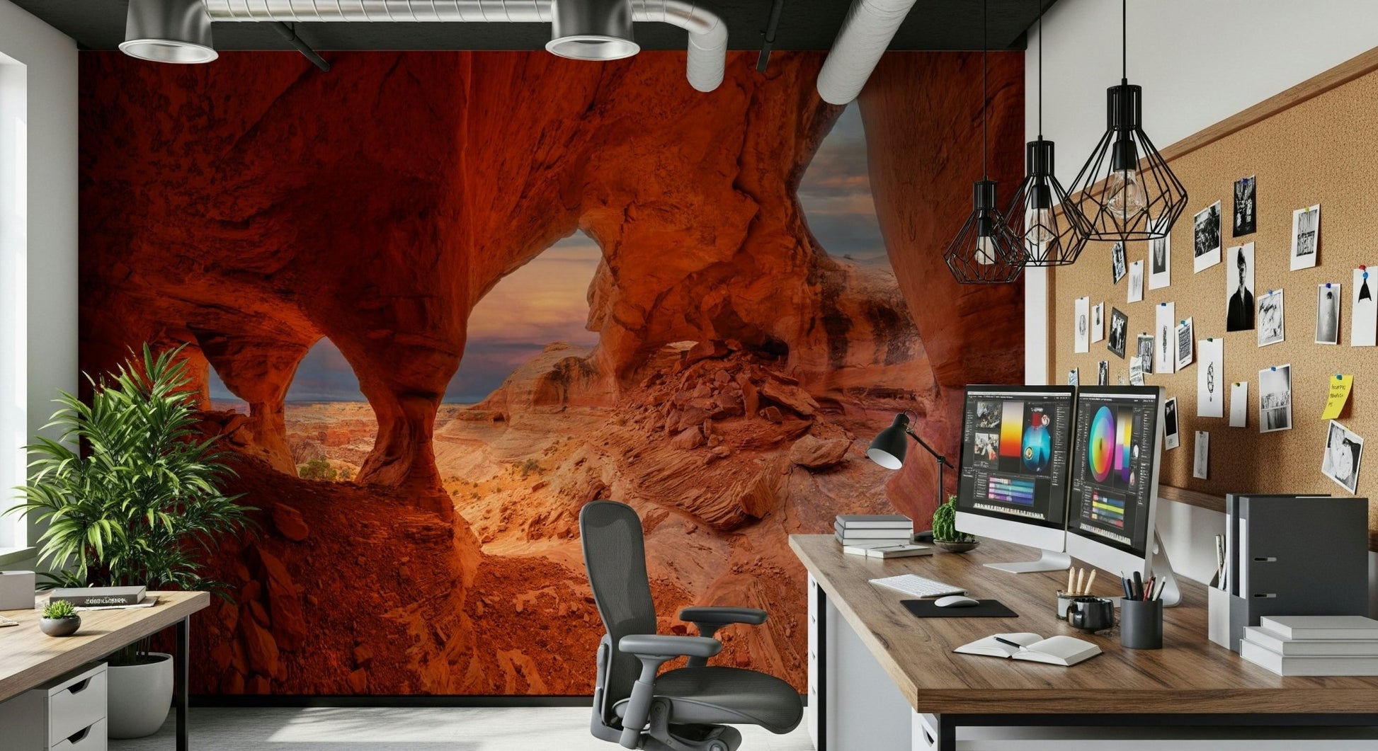 An artistic scenic landscape mural on minimalist wallpaper.