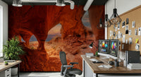 An artistic scenic landscape mural on minimalist wallpaper.
