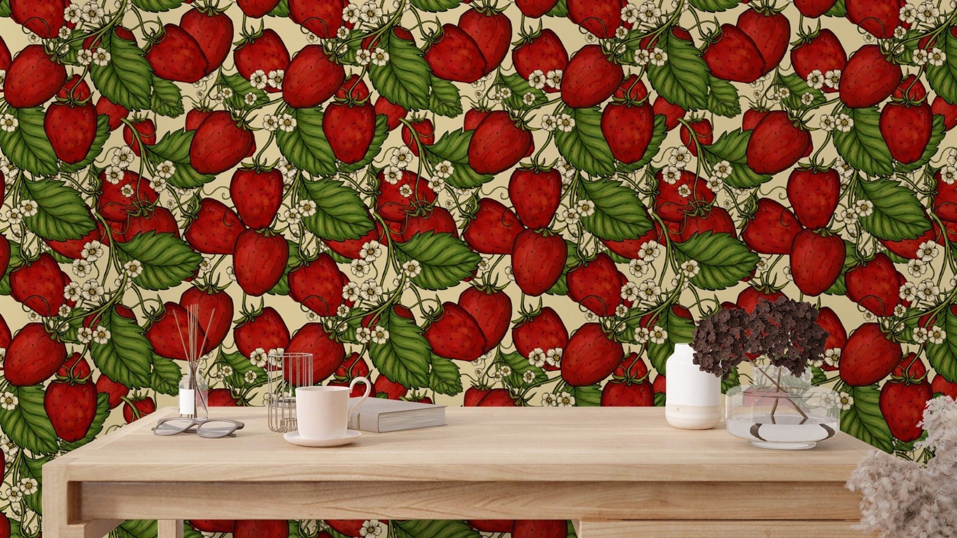 Charming red strawberry forest wallpaper for cozy and inviting spaces.
