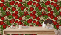 Charming red strawberry forest wallpaper for cozy and inviting spaces.
